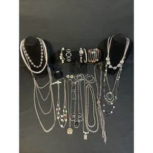 Vintage To Now Lot Of Silvertone Jewelry Necklace Bracelet Earrings Ring